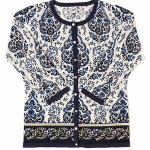 Floral Patterned Blue and White Women's Sweater